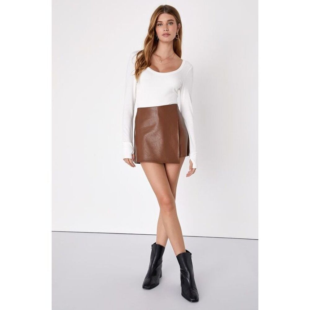 Lulus Unforgettable Muse Brown Vegan Leather Skort - Size L